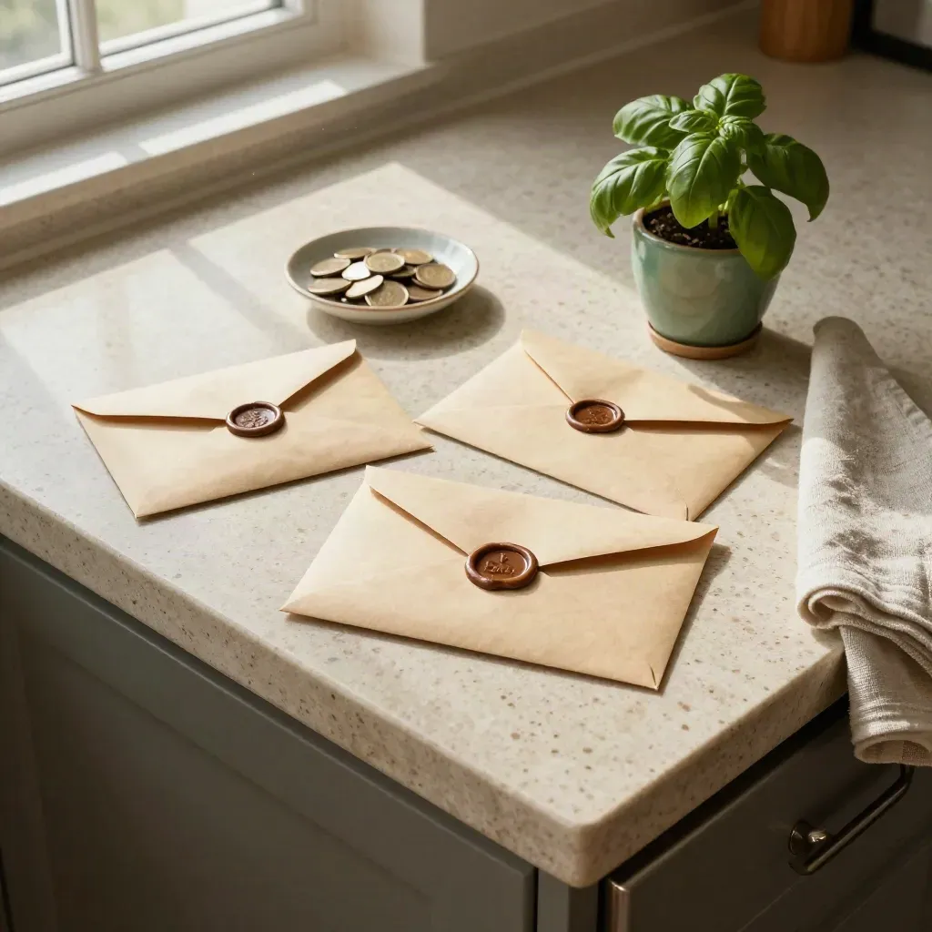 Top-down kitchen island with savings envelopes, coins, herb pot, and folded linen