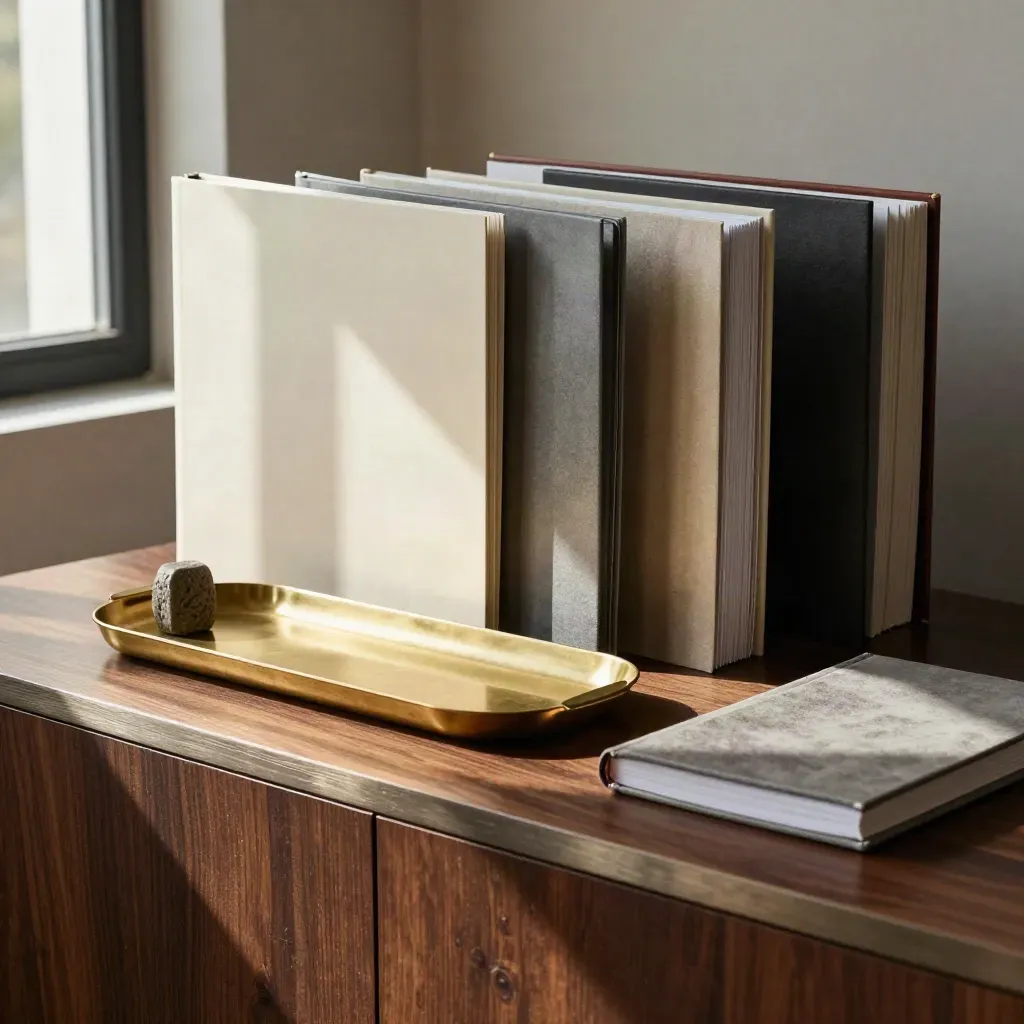 Sealed folios, brass tray, stone paperweight, and face-down notebook on a sideboard in dramatic light.