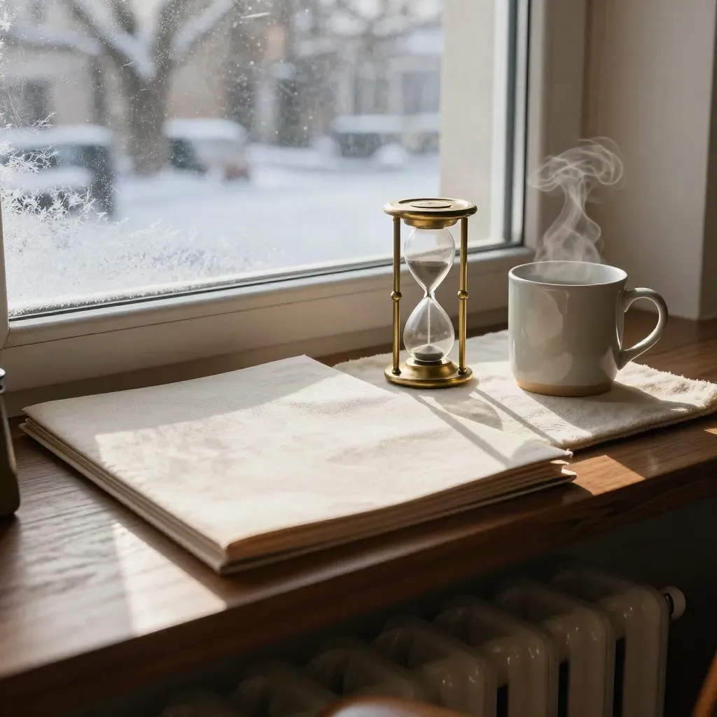 Winter office window with brass hourglass, closed folder, and mug on a wool mat.