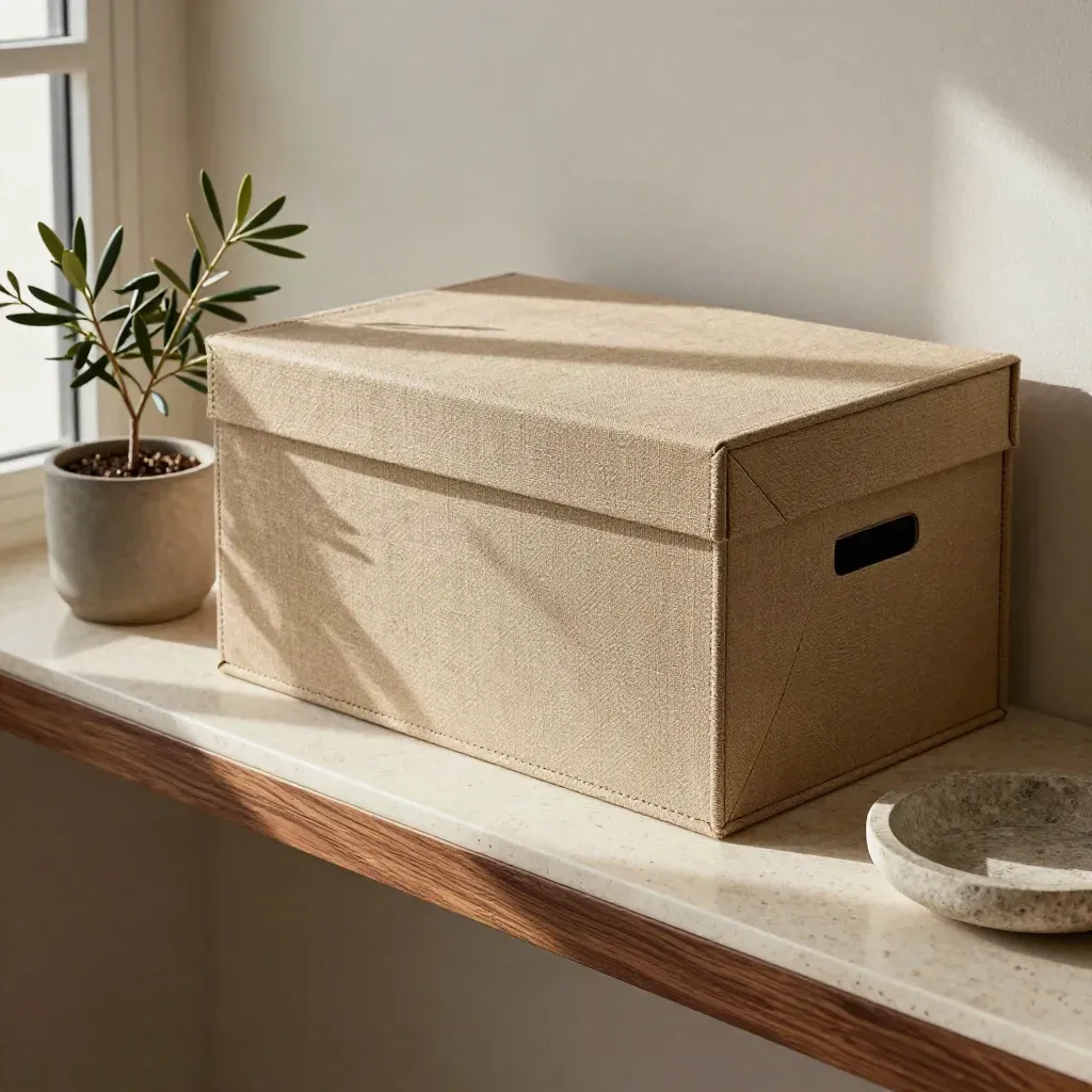 Top-down shelf with two portfolio boxes, olive plant, and stone dish in soft morning light