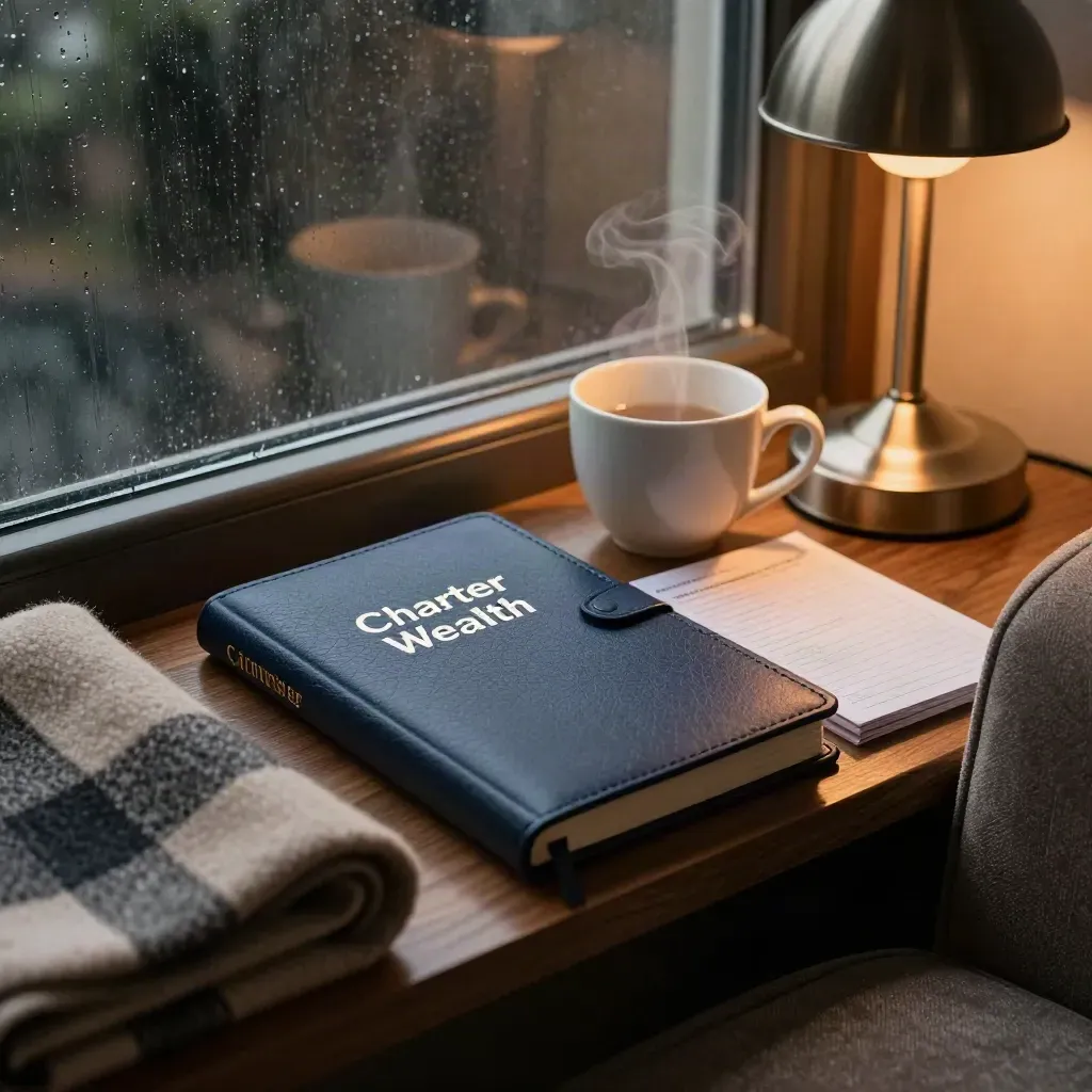 Cozy armchair nook with teacup, journal, throw, lamp, and rainy window at dusk.