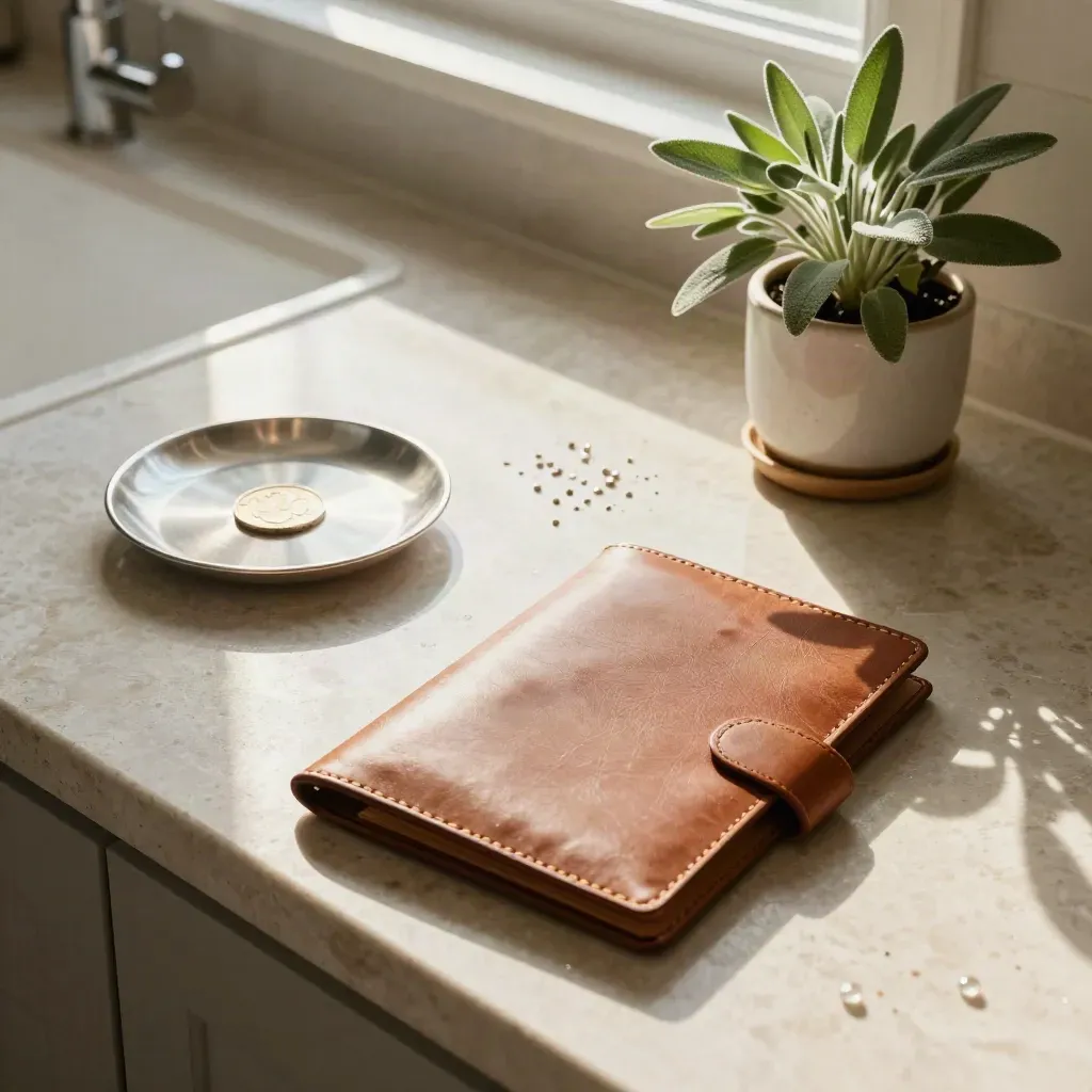 Top-down kitchen counter with coin dish, savings folio, herb pot and water in morning light.