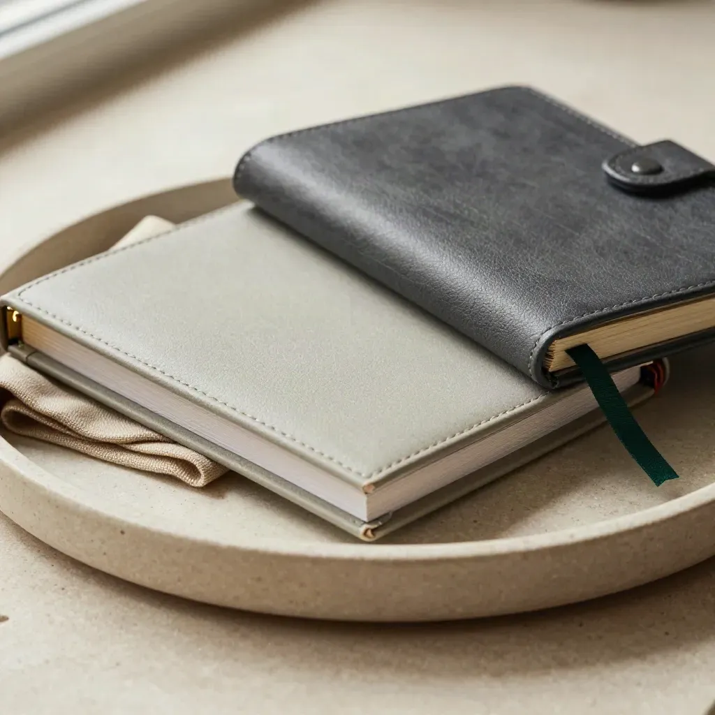 Closed planning binders in a ceramic tray with brass clip and cloth on pale stone.