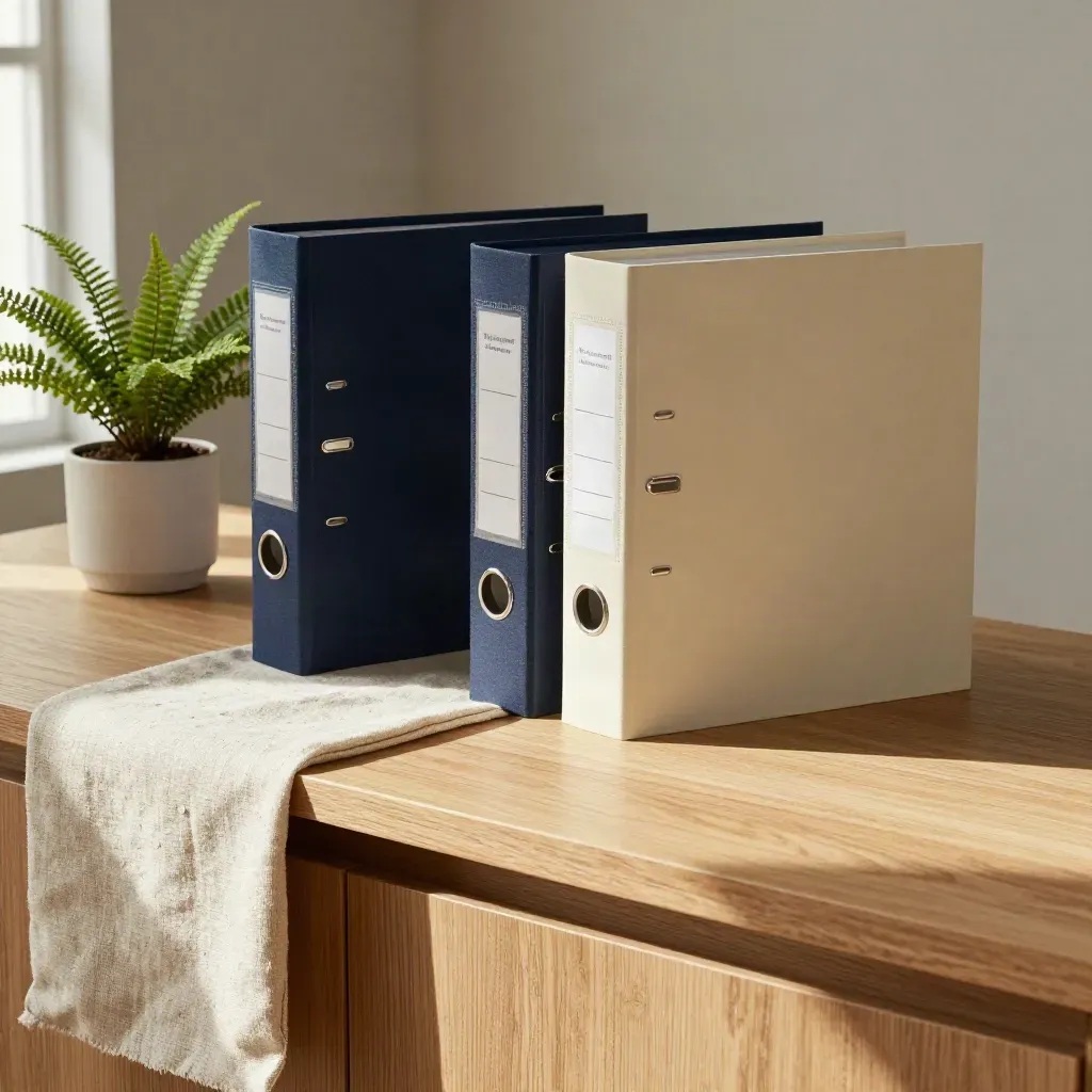 Navy and pale binders with fern and linen on pale wood, lit softly from the side.