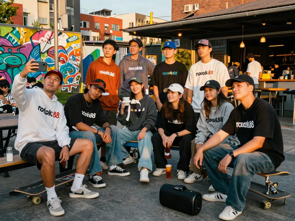 Youthful group enjoying rokok88 outdoor lifestyle gathering in vibrant city.