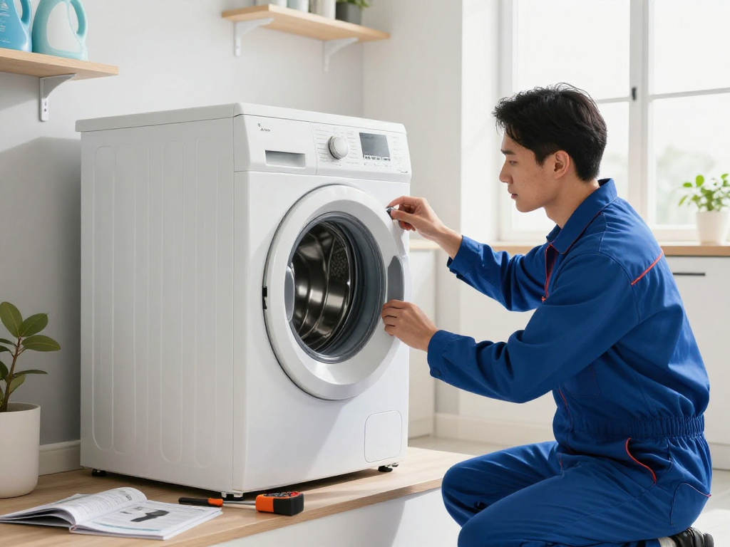 Skilled technician performing stackable washer dryer repair in a bright laundry room.