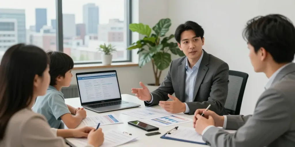 Discussing critical illness insurance Montreal with a financial planner in a modern office setting.